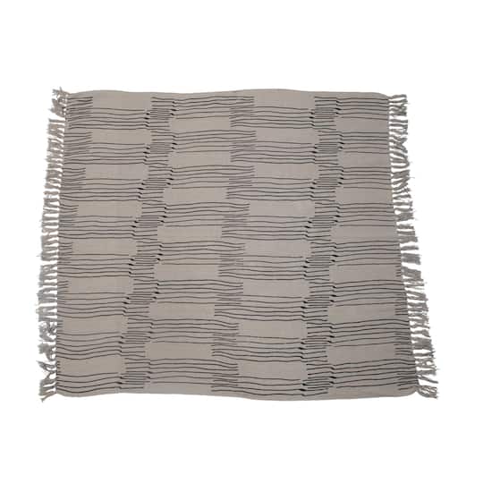 Hello Honey® 60" Recycled Cotton Blend Neutral Throw Blanket With Line Pattern & Fringe Edge